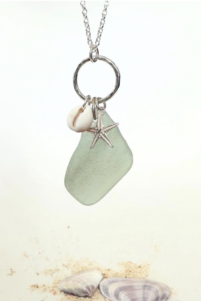 Pantai Sea Glass Charm Pendant - Cowrie Shell - Silver Starfish